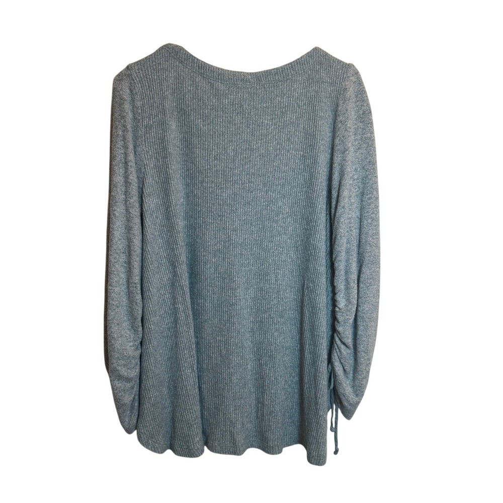 Saturday Sunday Anthropologie Medium Blue Mixed Media Ruched Sleeve Knit Top - Picture 6 of 6